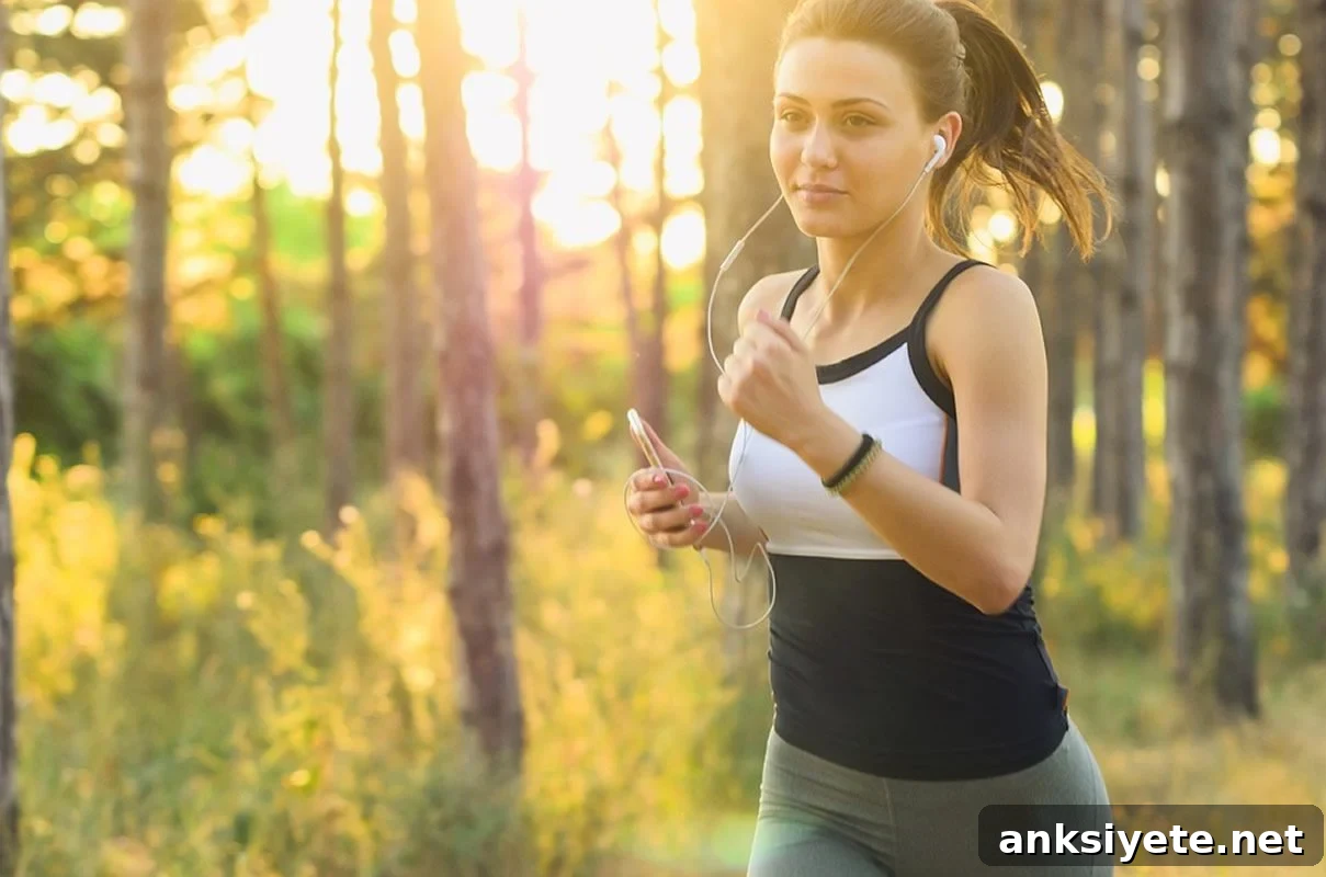 This shows a woman running with headphones on