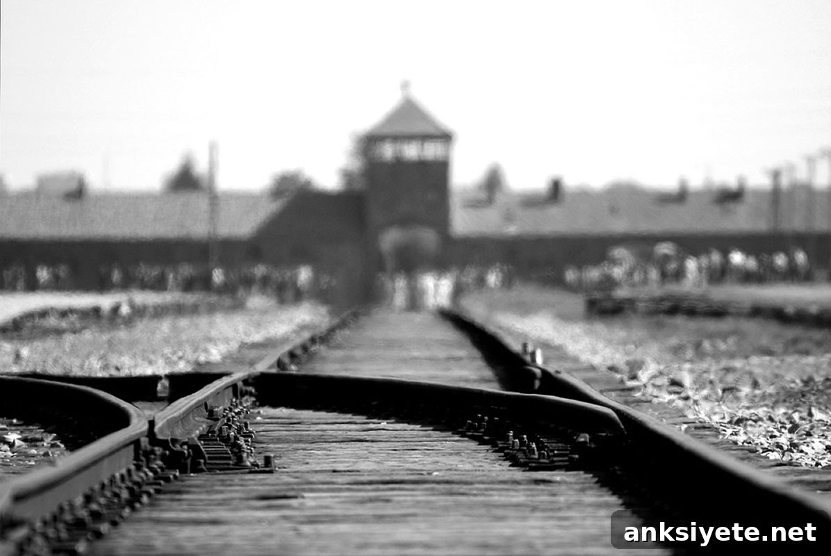 Train tracks leading to the entrance of Auschwitz in the distance