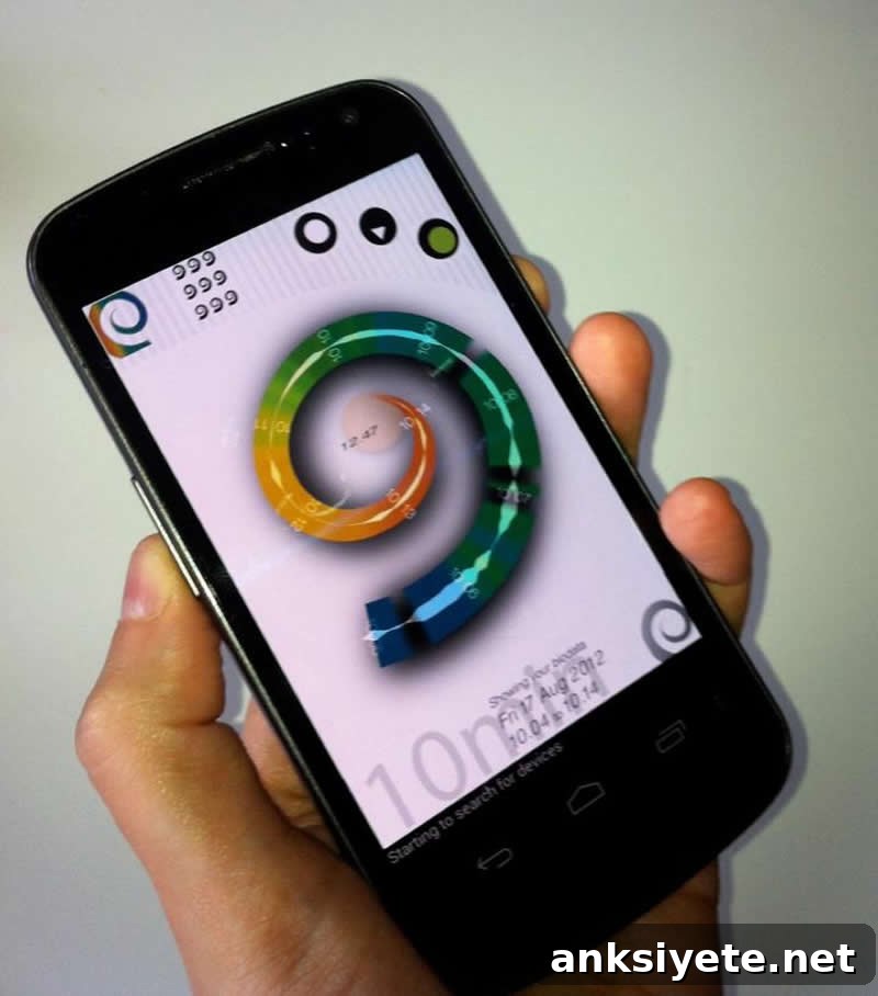A smartphone showing spiral visualisation of skin conductance data from the Affective Health app prototype