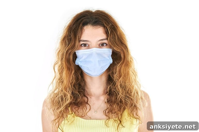 This shows a woman in a mask