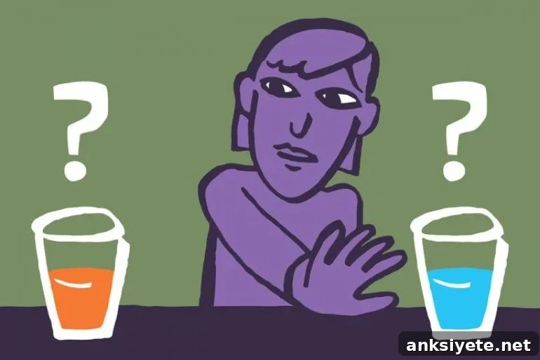 This cartoon shows a woman decising between two glasses of juice