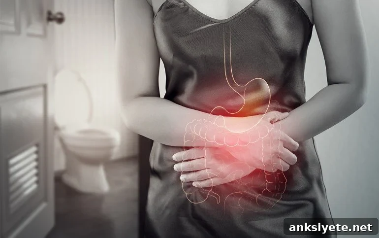 This shows a woman clutching her belly