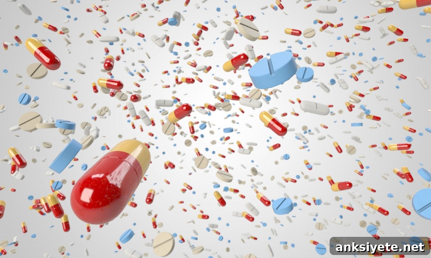 This shows pills flying through the air