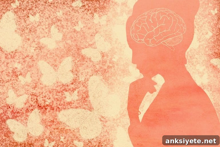 This shows the outline of a woman and a brain surrounded by butterflies