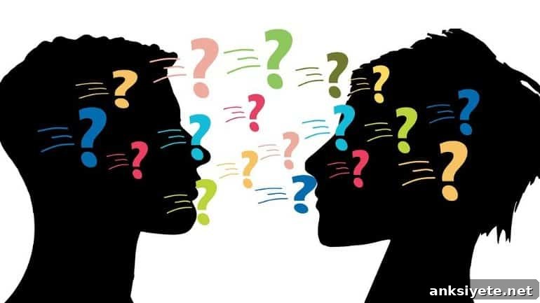 This shows the outline of two talking heads and lots of colorful question marks