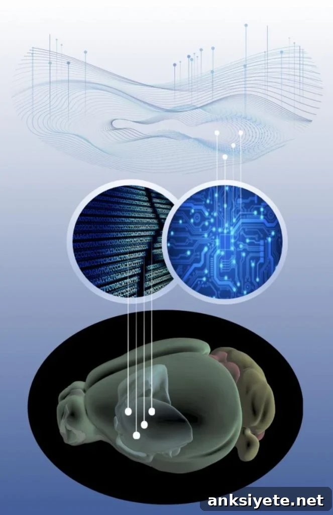 This shows a mouse brain and what looks like computer chips