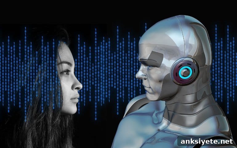 This shows a woman looking at a robot