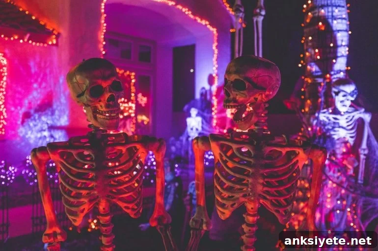 This shows models of halloween skeletons lit up with neon lights