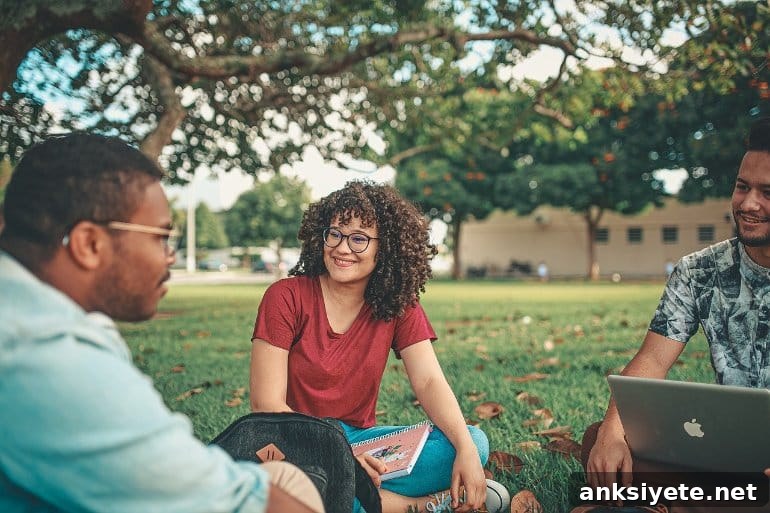 This shows a female student hanging out with fellow students, studying