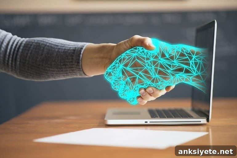 This shows a man shaking hands with a computer generated hand coming out of a laptop