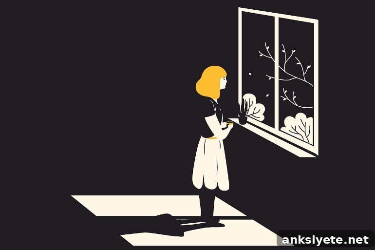 This shows a sad looking woman standing at a window