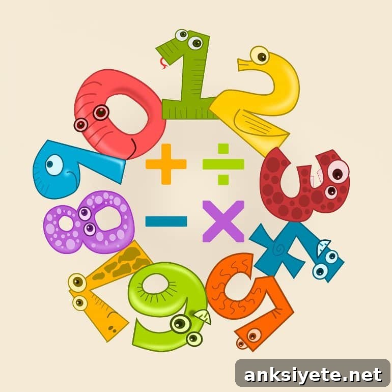 Study Finds Young Children Innately Understand Division 2 This shows a child's math chart with numbers made up like cute creatures and math symbols