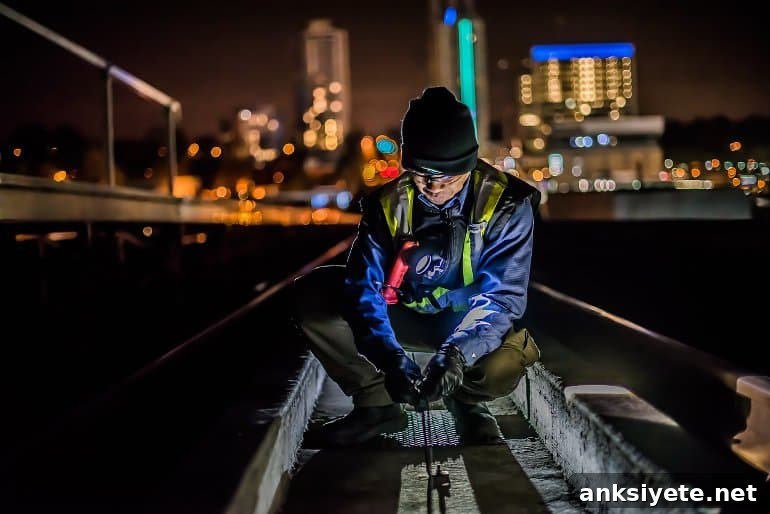 This shows a man working to fix a train track at night