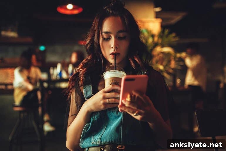 This shows a woman drinking coffee