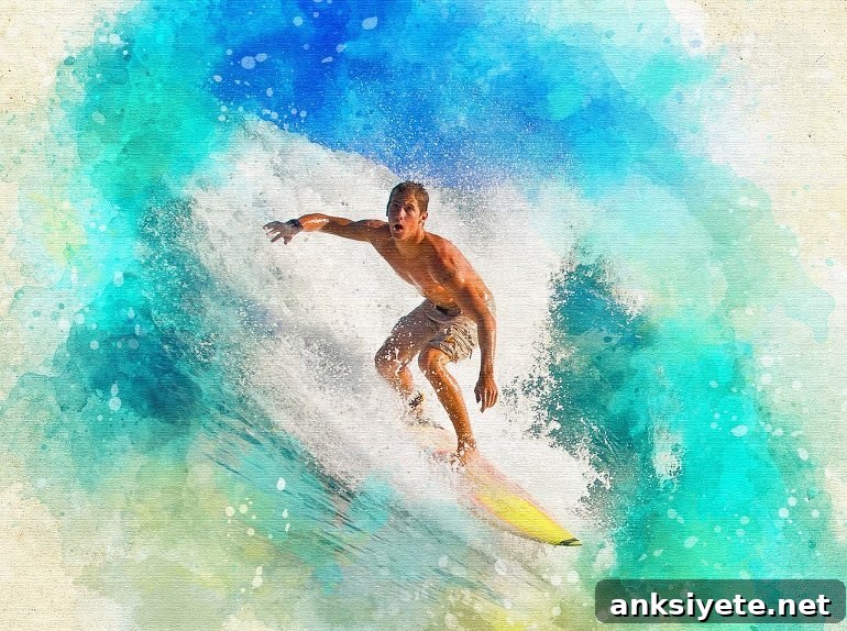 This shows a man surfing