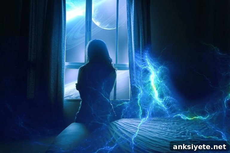 This shows a woman sitting up in a dark room