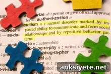 The image shows multi-colored jigsaw pieces around a dictionary definition of autism.