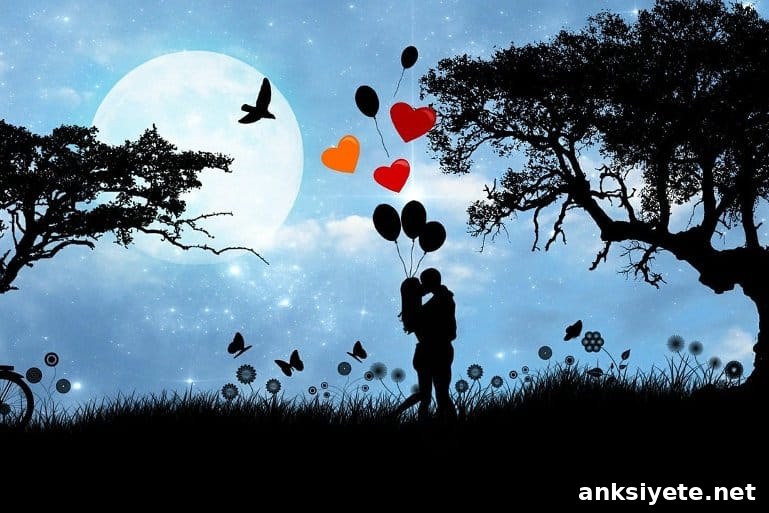 This shows a cartoon of a couple under a tree holding heart balloons