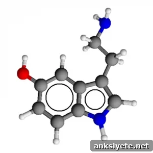 The image shows a 3D model of the structure of serotonin.