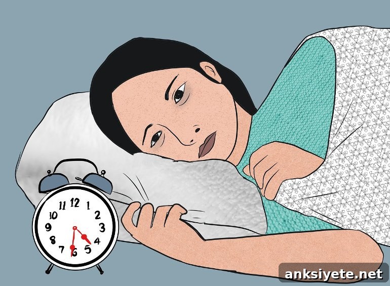 This shows a drawing of a woman laying awake looking at an alarm clock