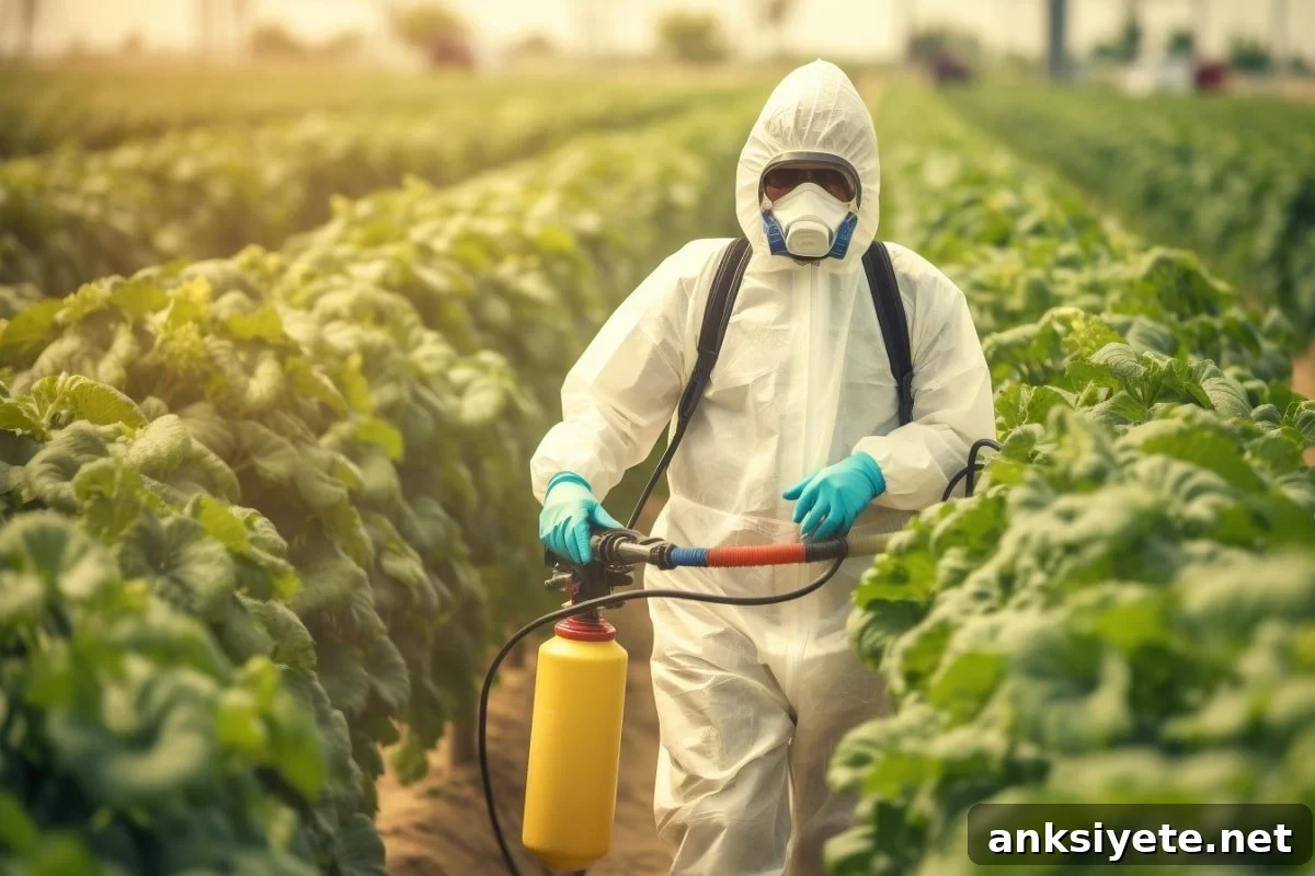 This shows a man spraying pesticides in a field.