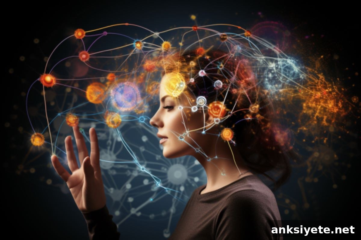 This shows a woman and swirly brain lines.