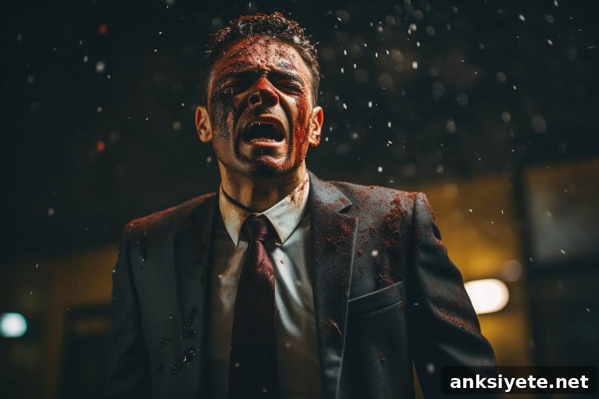 This shows a man in a suit covered in red dust.