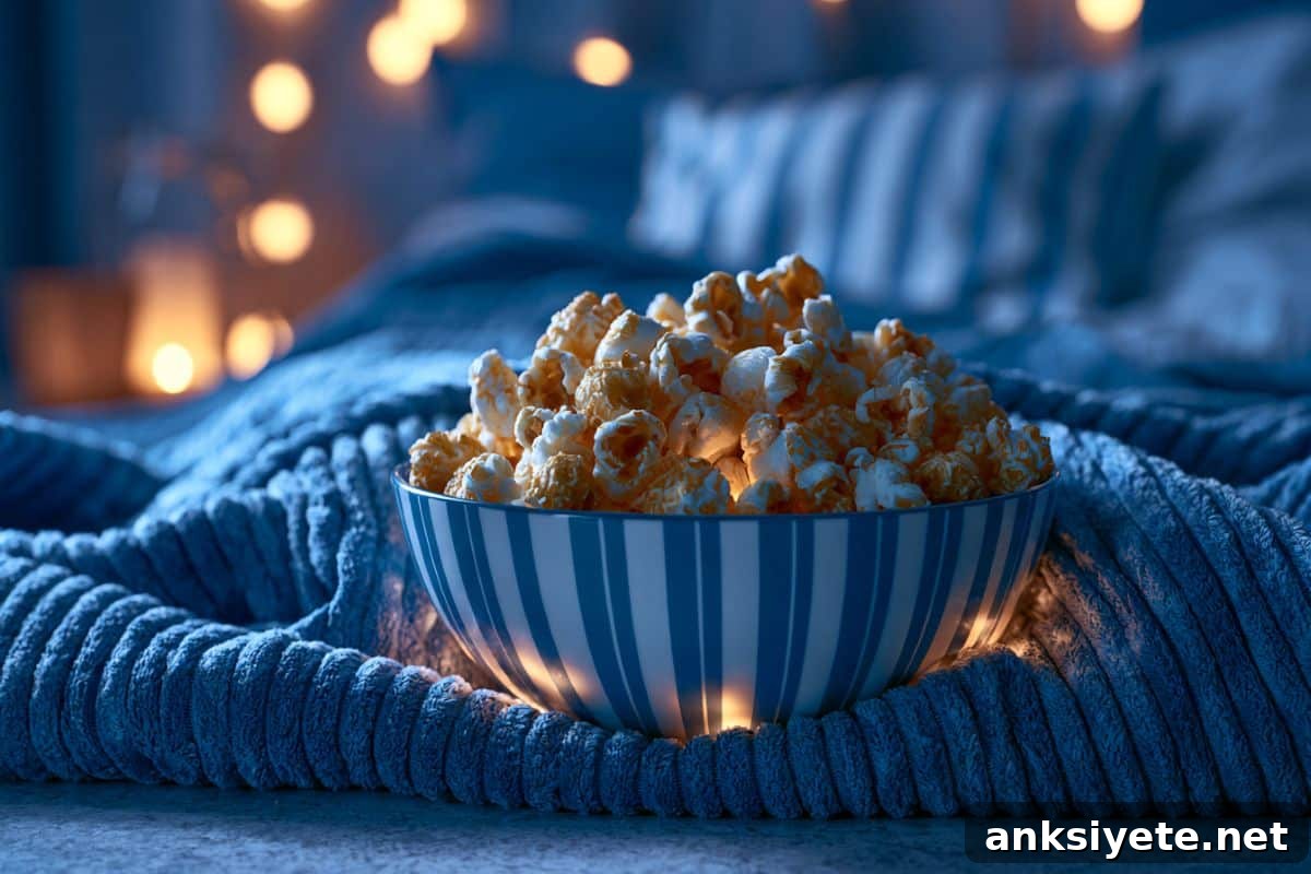 This shows popcorn on a bed.