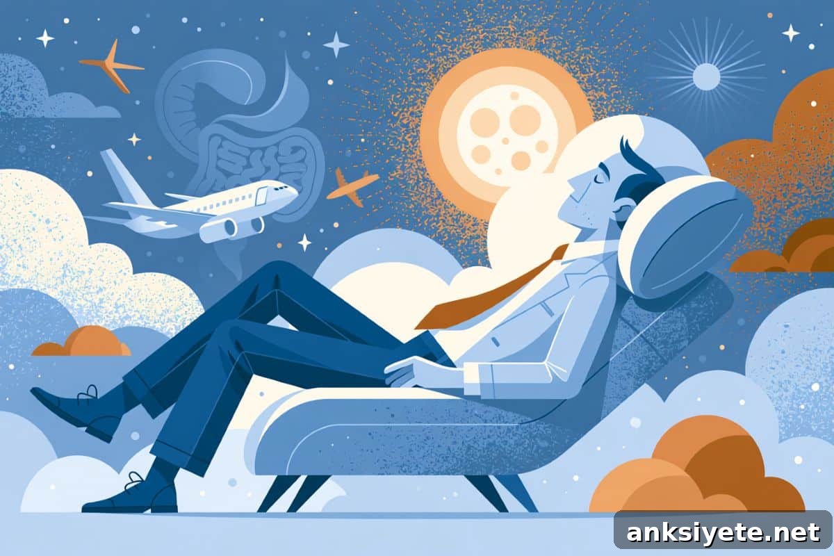 This shows a person sleeping, a plane, and gut bacteria.