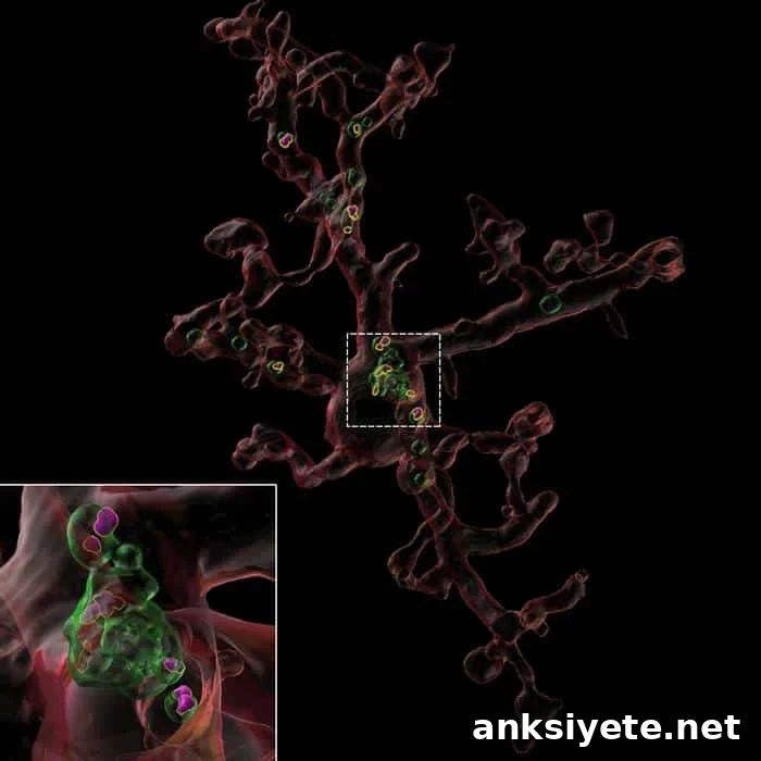 Image reconstruction of microglia from an aged mouse treated with TIMP2 showing synaptic material (purple) within the cell's lysosomes (green). 
